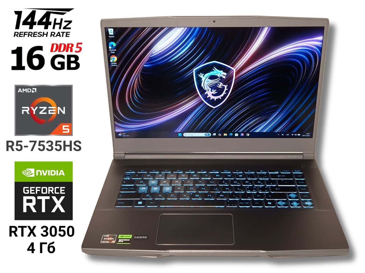Ігровий ноутбук бу MSI Thin A15 15.6" 144Hz Ryzen 5 7535HS 16/512 Гб RTX 3050  2025 рік