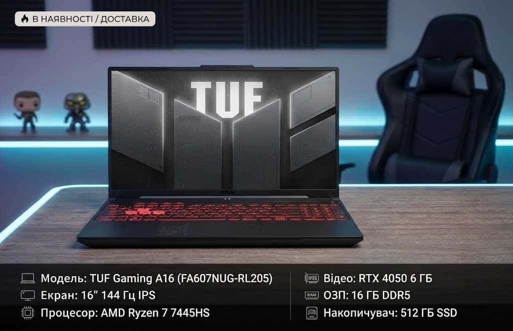 ASUS TUF Gaming A16 FHD+ 144Hz Ryzen 7 7445HS 16/512 RTX 4050 6GB