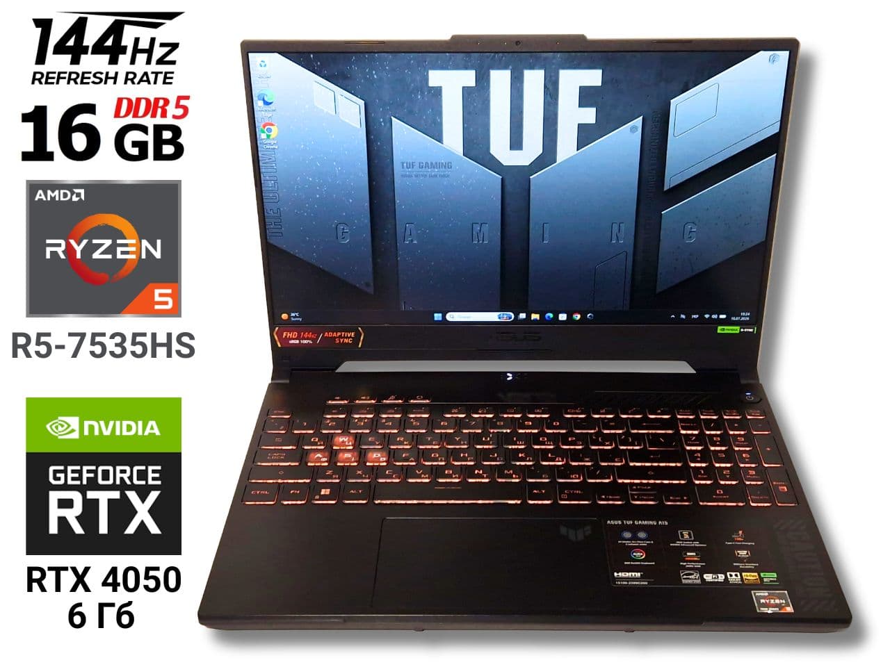 Ігровий ноутбук б/у Asus TUF A15 FA507NU 15.6" 144Hz sRGB 100% Ryzen 5 7535HS 16/512 Гб SSD RTX 4050 6Гб 140Вт Стан близький до нового - фото 1