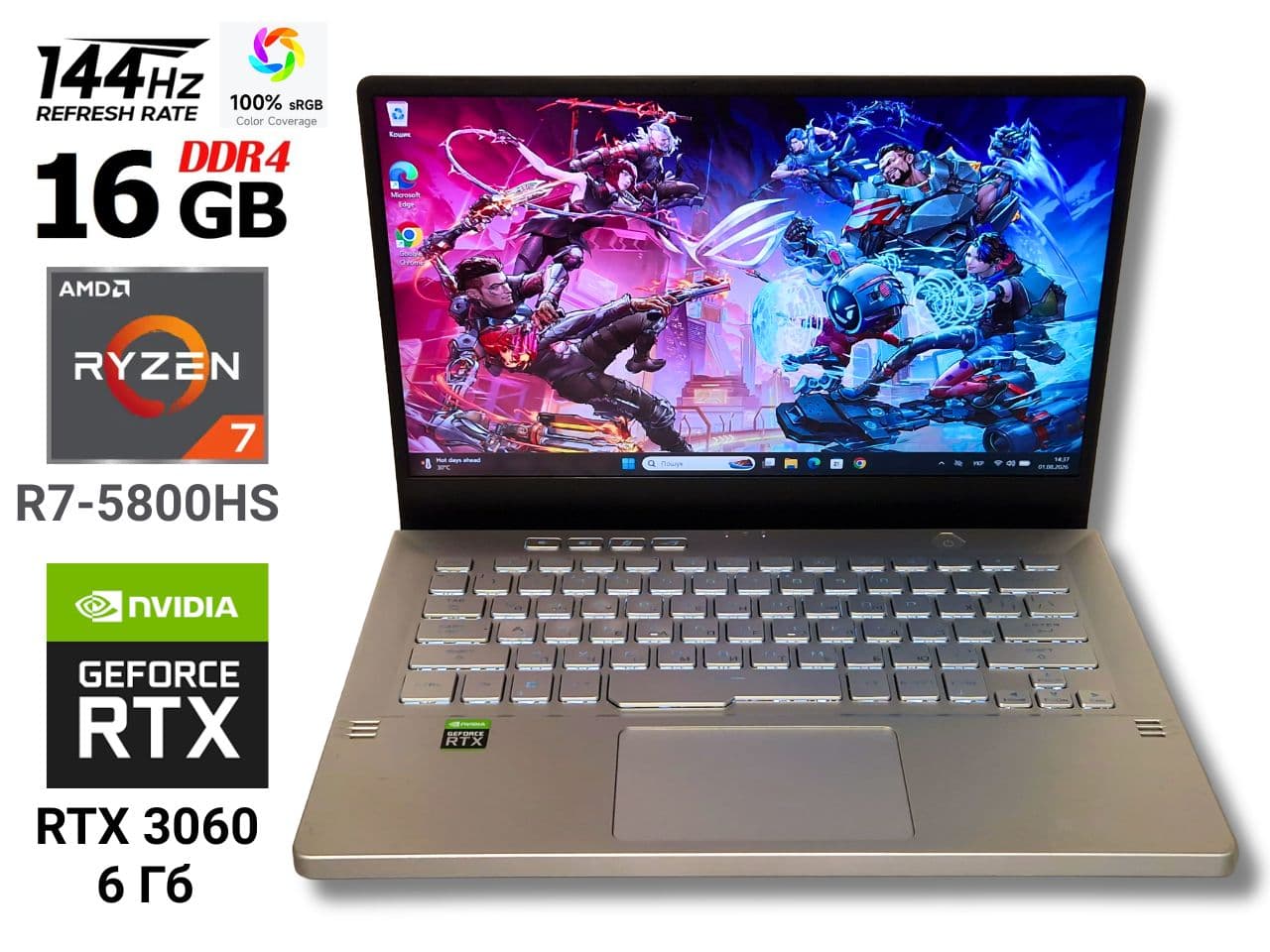 Ігровий ноутбук б/у Asus ROG Zephyrus G14 GA401QM 14" 144Гц sRGB 100% Ryzen 7 5800HS 16/512Гб SSD RTX 3060 6Гб