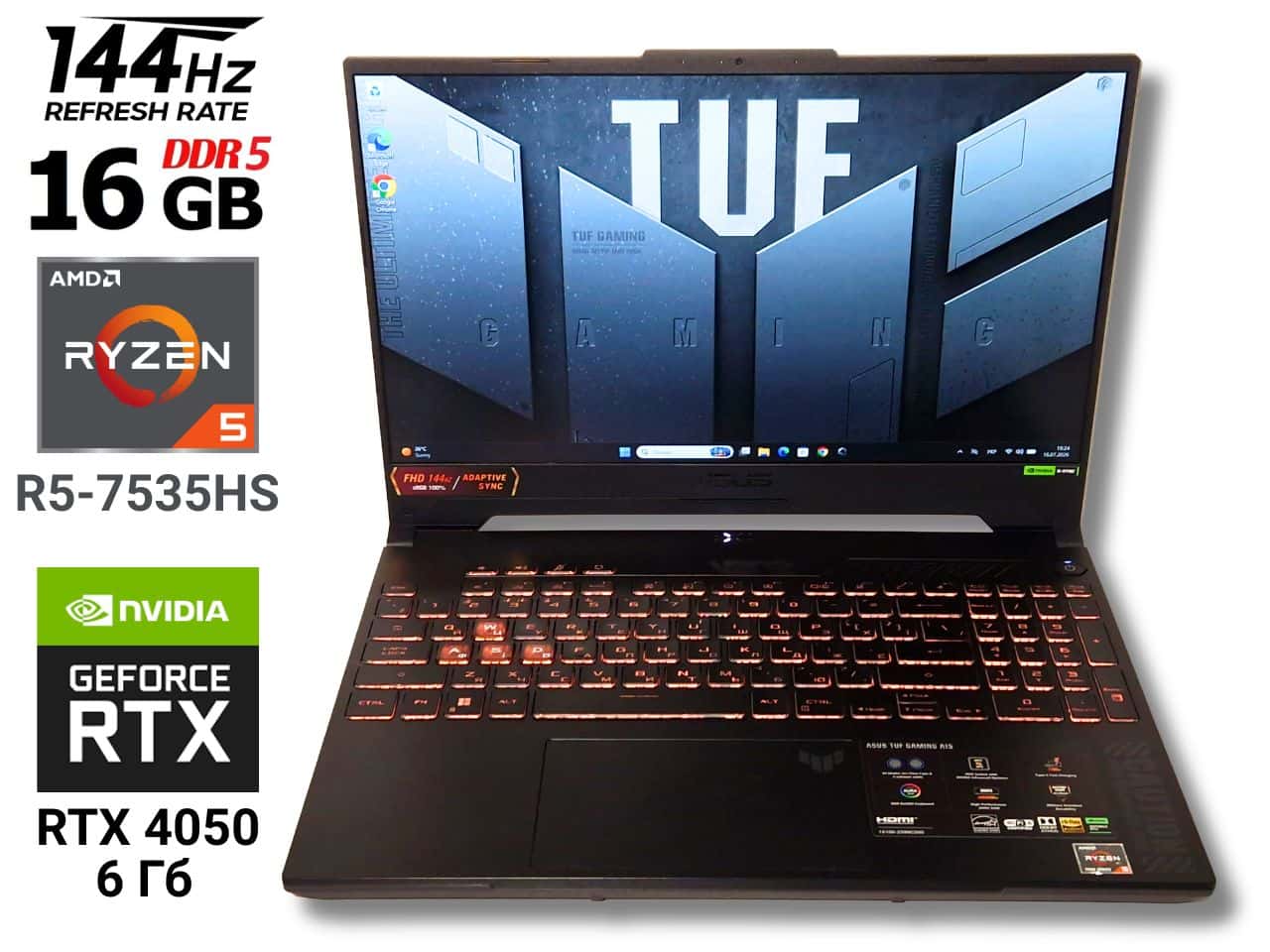 Ігровий ноутбук б/у Asus TUF A15 FA507NU 15.6" 144Hz sRGB 100% Ryzen 5 7535HS 16/512 Гб SSD RTX 4050 6Гб 140Вт Стан близький до нового