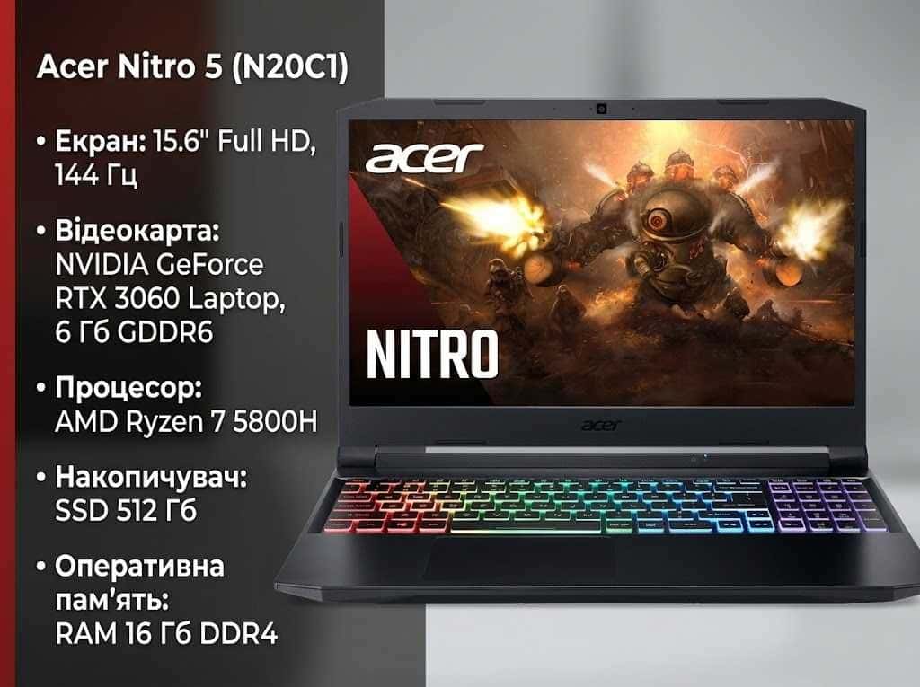 Acer nitro 5 N20C1 15.6" FHD 144Hz Ryzen 7 5800H 16/512 RTX 3060 6GB
