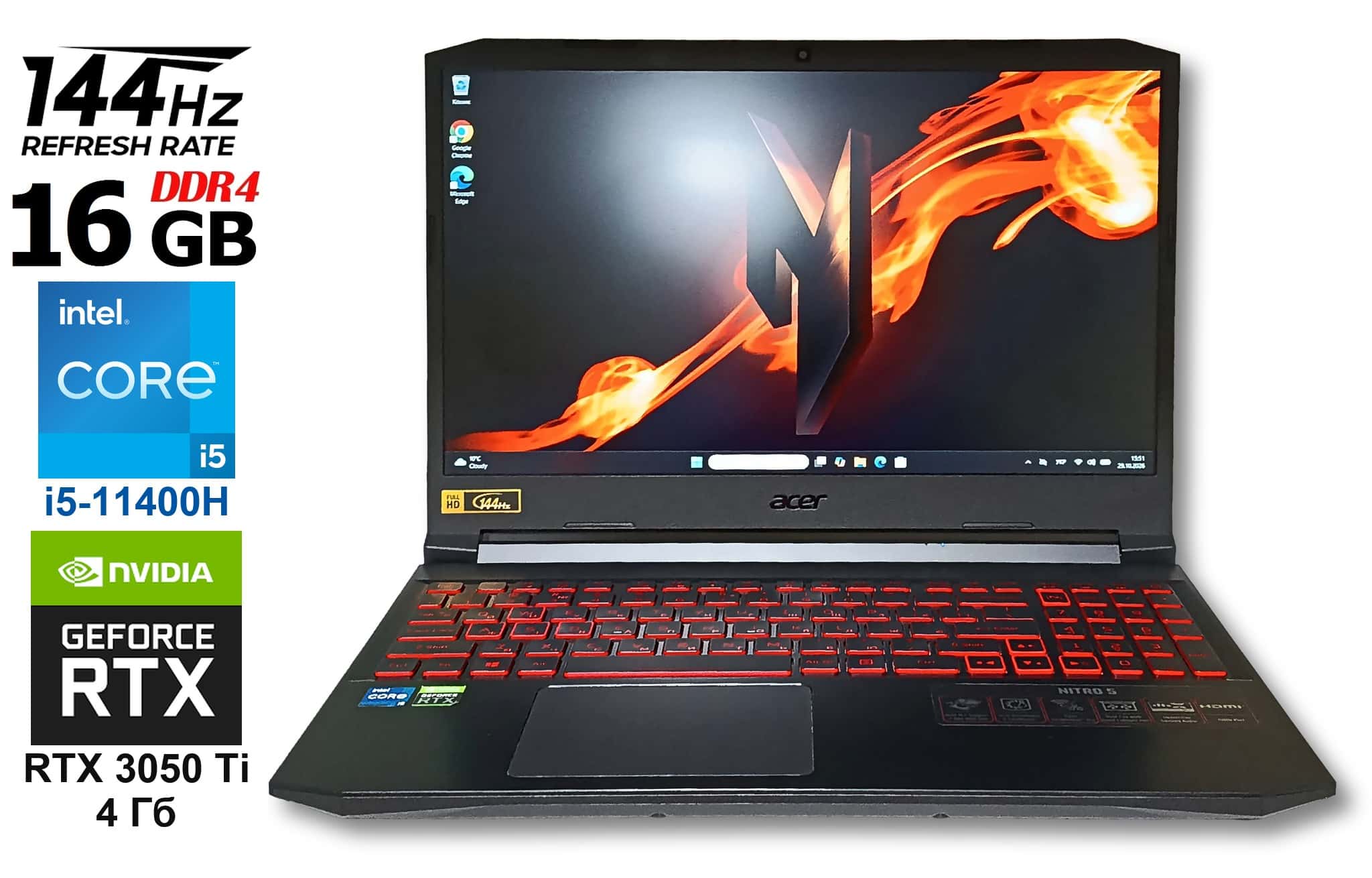Acer Nitro 5 AN515-57 15.6" (1920×1080) Full HD IPS 144 Гц Core i5-11400H 16 Гб/512 Гб SSD RTX 3050 Ti 4Гб, Дуже добрий стан